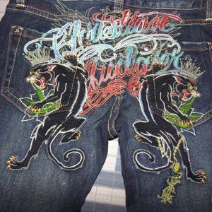 Christian Audigier Ed Hardy black panther King Embroidered Jeans 30in Waist